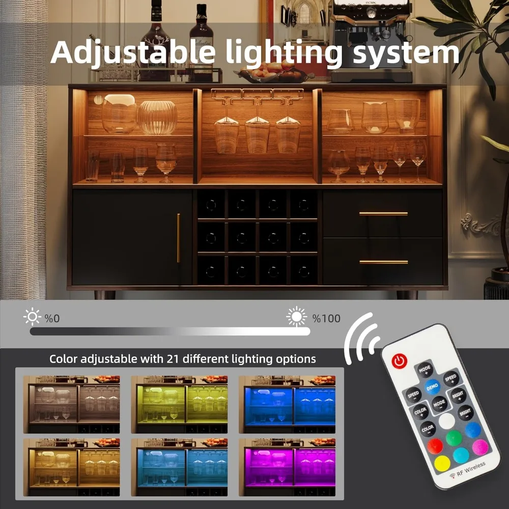 47 inch Bar Cabinet and Bar Table - LED Light Charging Station, Buffet Cabinet with Storage, Sideboard Cabinet, Coffee Bar