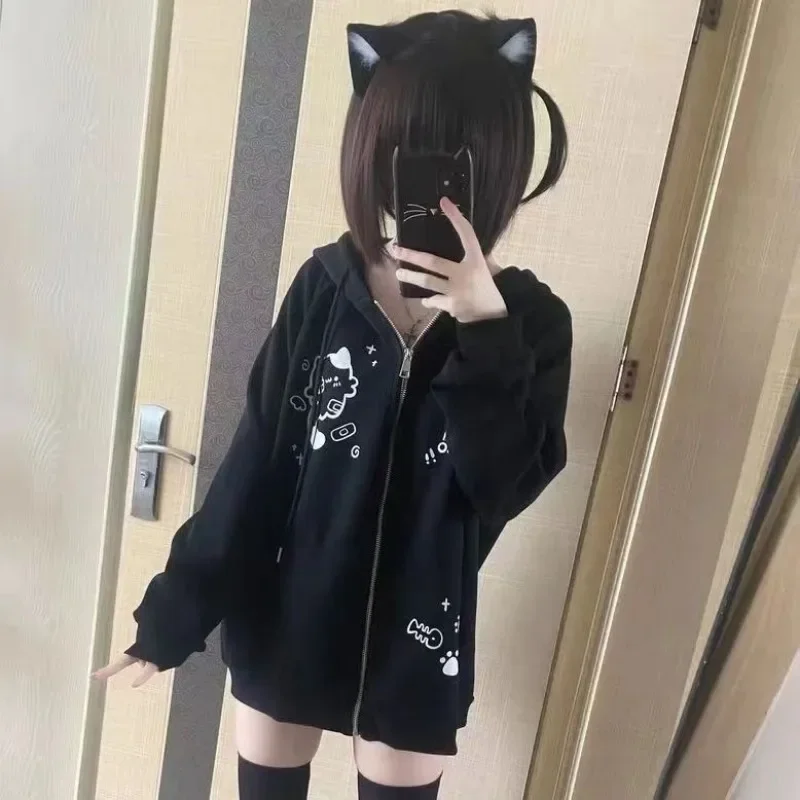 Wiosenne jesienne kurtki Cute Cats Print Zip Up Hoodie Women Streetwear Sweatshirt Y2k Tops Cartoon Japanese Coat Grunge Black Gray