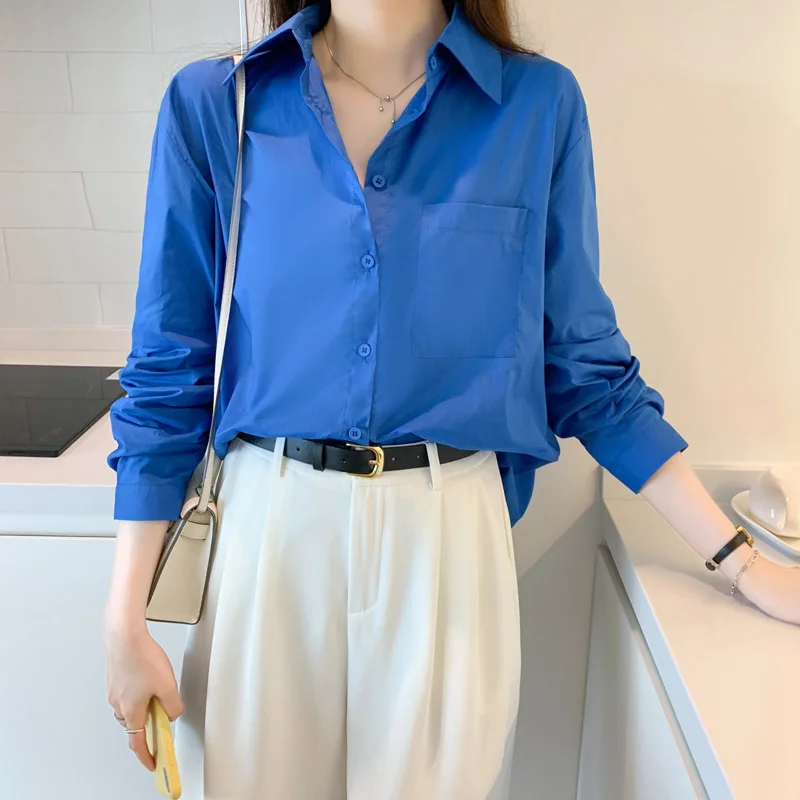 Women Purple Tunics Pockets High Quality Shirts Spring Loose Daily Casual Solid Blouse Female Top Fashion 9 Colors Shirts