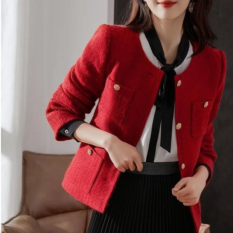 Women Red Tweed Blazers New Autumn Winter O-Neck Single-Breasted Suit Small Fragrance Jacket Female Korean Elegant Lady Coats