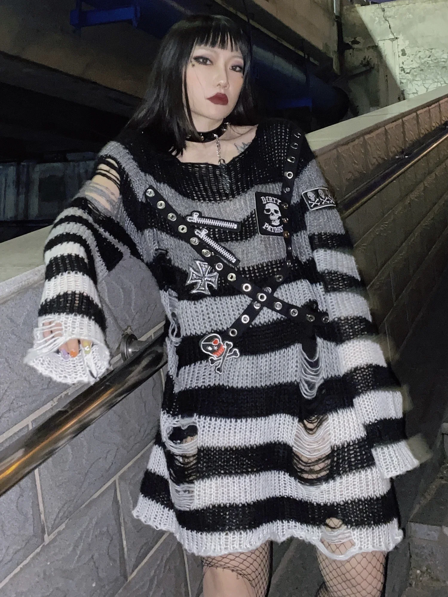 Ruibbit Harajuku Y2K Japanese Punk Women Rock Hole Striped Loose Befree Black Grey Sweaters Knitted Jumpers Sweater Hot Girl