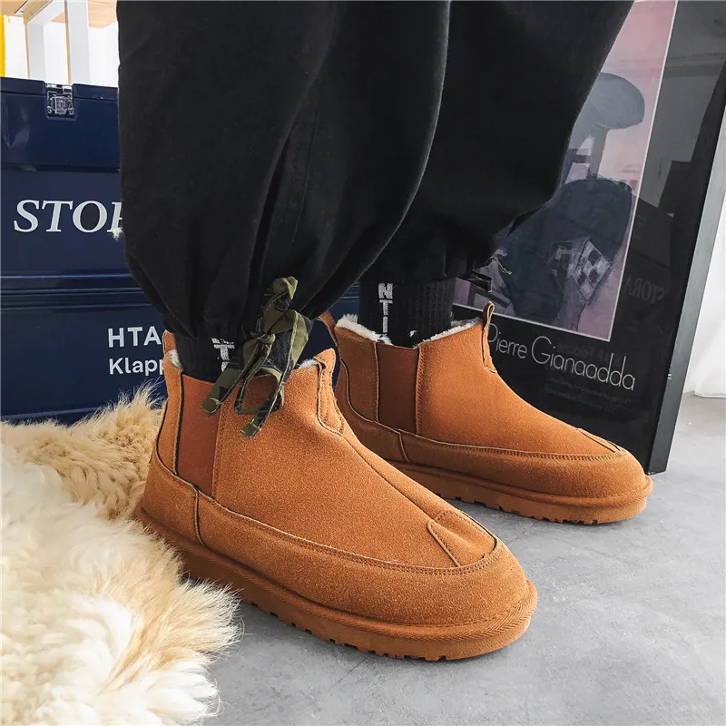 Winter Men Boots Warm Fur Snow Boots Waterproof Non-slip Suede Leather Furry Ankle Boots Male Fluffy Plush Shoes Outdoor Shoes