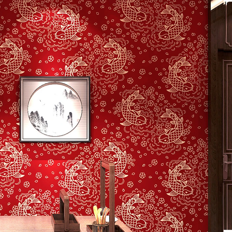 new-chinese-style-classical-restaurant-decoration-wallpaper-restaurant-wall-restaurant-hotel-plum-blossom-koi-pattern-wallpaper