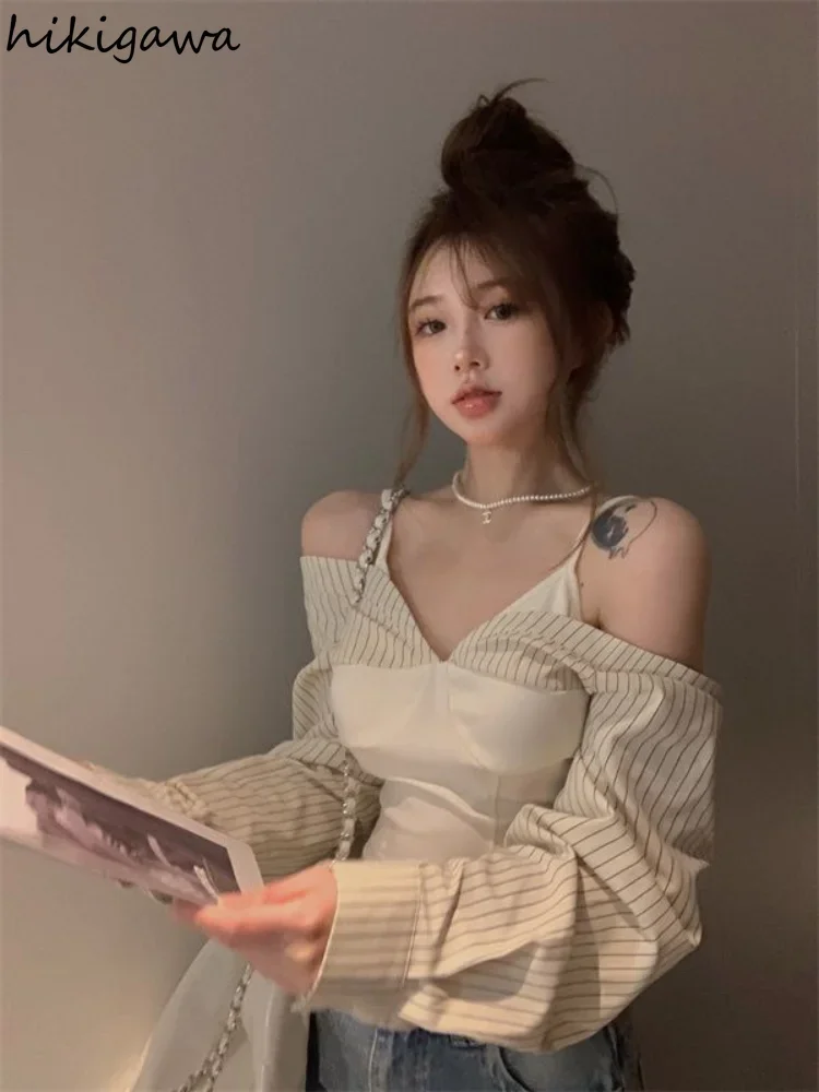 2023 Blusas De Mujer Fashion Striped Blouses Long Sleeve Off Shoulder Tunic korean Shirts Patchwork Summer Sexy Crop Tops 27p461