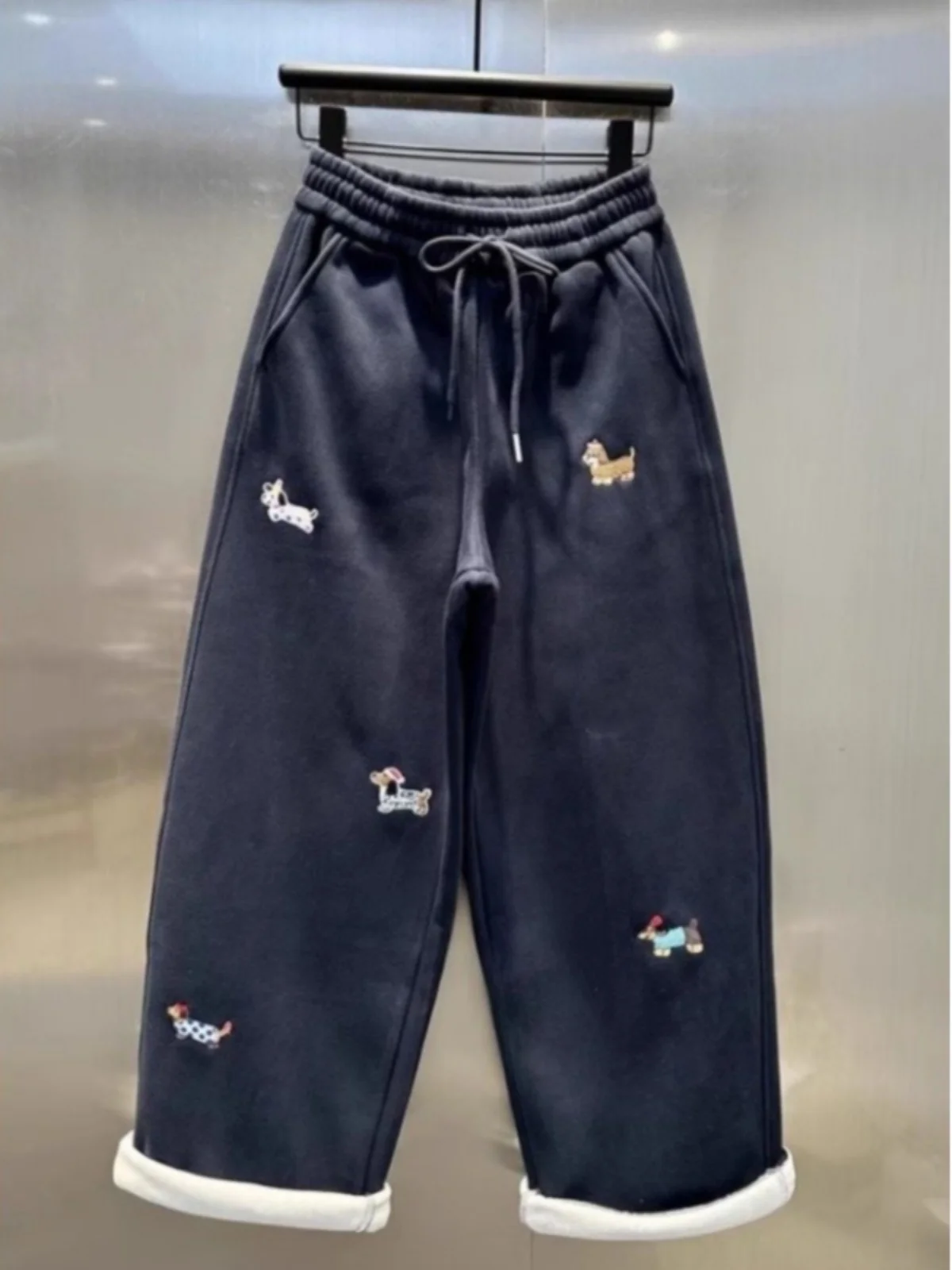 

Embroidered Doggies Fce Lined Thiened Harlan Autumn Winter Women's High Waist Wide Leg Pants Casual Comfortable Trousers