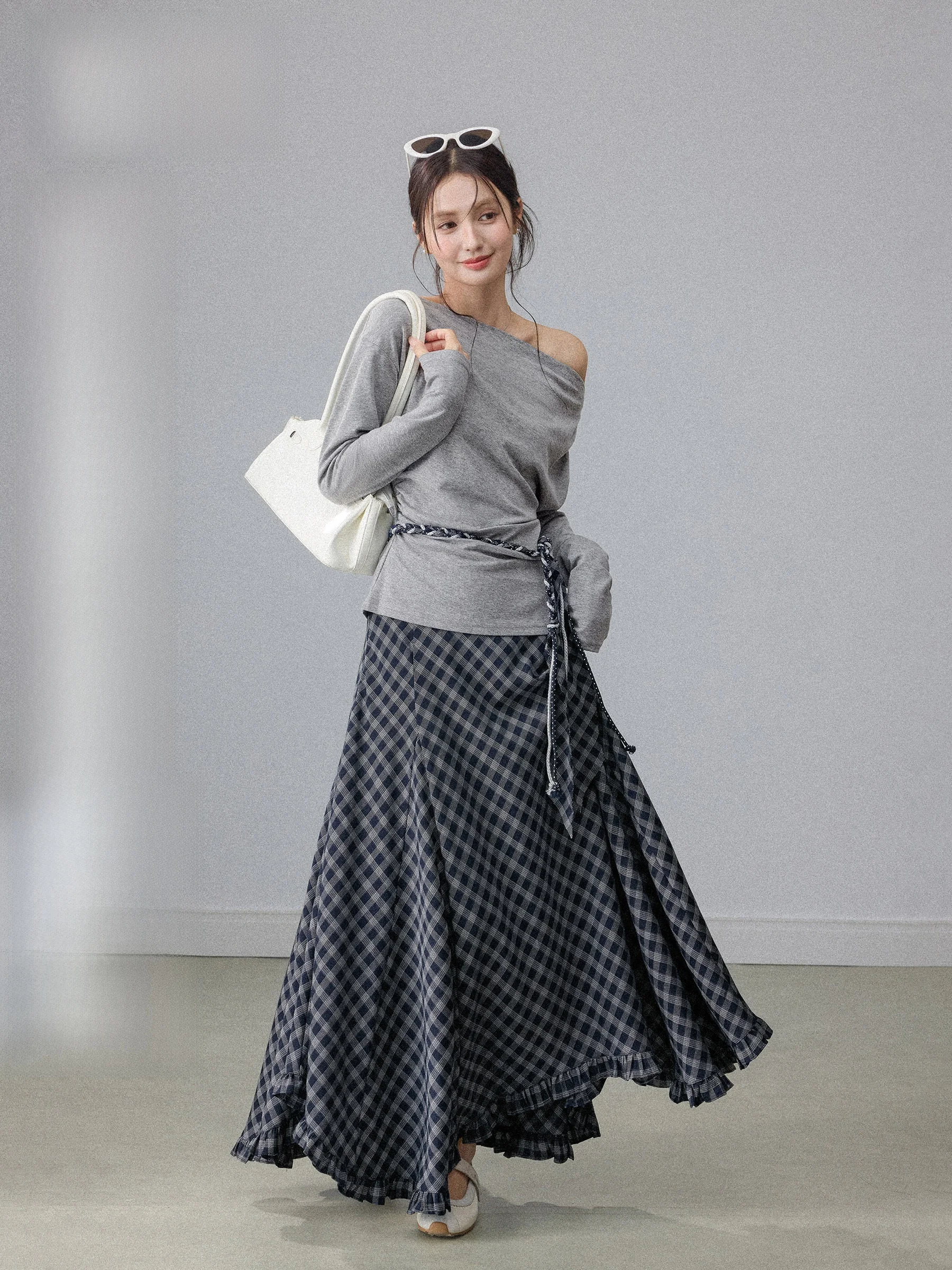 

ay Asymmetrical oulder Dr And Top Set Spring Faion Korean Sle Miu Series Women's High Waist Universal Fit Long Sve