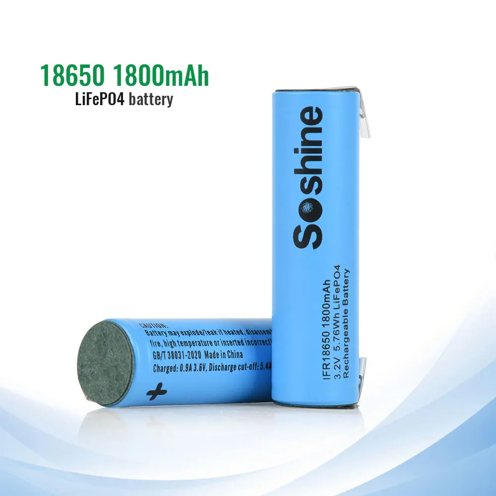 Soshine 3.2V 18650 LiFePo4 Rechargeable Battery with Welding Tabs 100% Original 18650 1800mAh Batteries for Charge 2000 Cycle