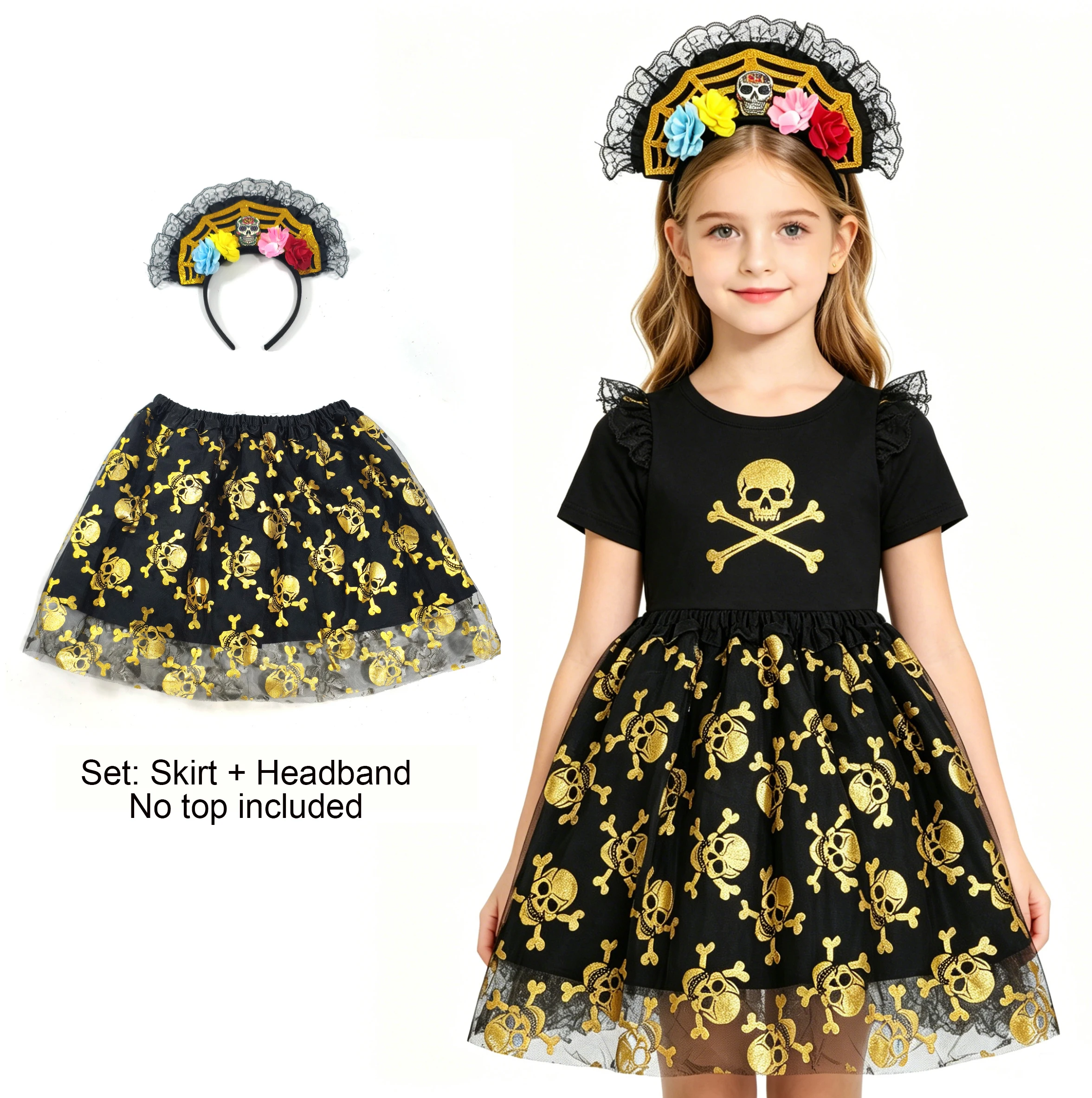 Disfraz Infantil de Halloween para Niñas, Falda de Tul con Estampado de Esqueleto, Diadema, Conjunto para Actuaciones Diarias y Cosplay