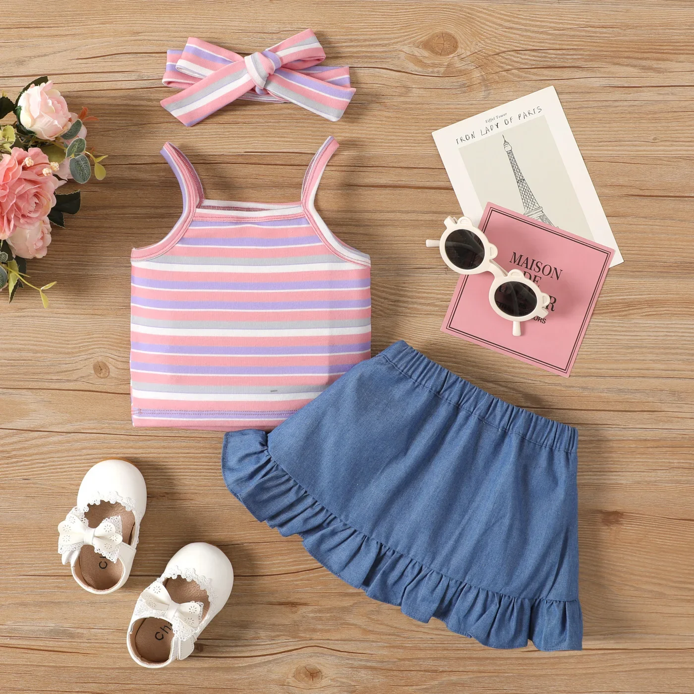 PatPat 3pcs Baby Girl 100% Cotton Ruffled Skirt and Striped Cami Top & Headband Set  Sweet Full print Casual/Outdoor