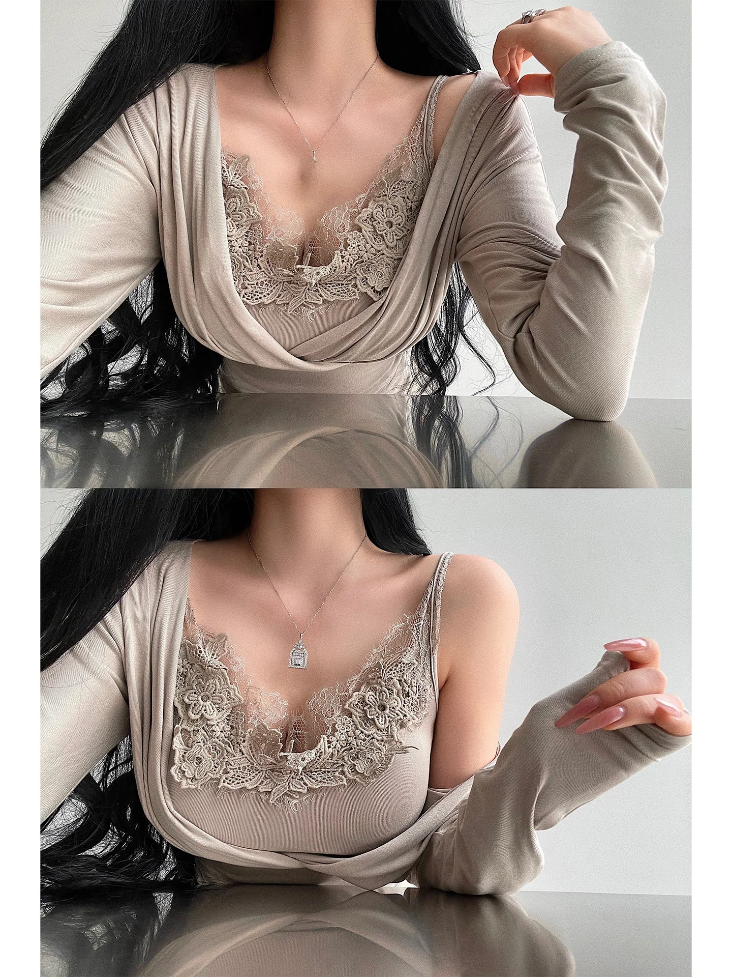 

Sexy Lace Trim Halter Vest Top Slimming Long Sleeve Cover up Set for Young Girls Pure Desire Fashionable Two Piece Suit