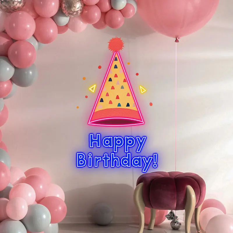 Kids Party Hat Happy Birthday Neon Light – Bright and Festive LED Sign with Fun Colors, Perfect for Birthday Party Decorations