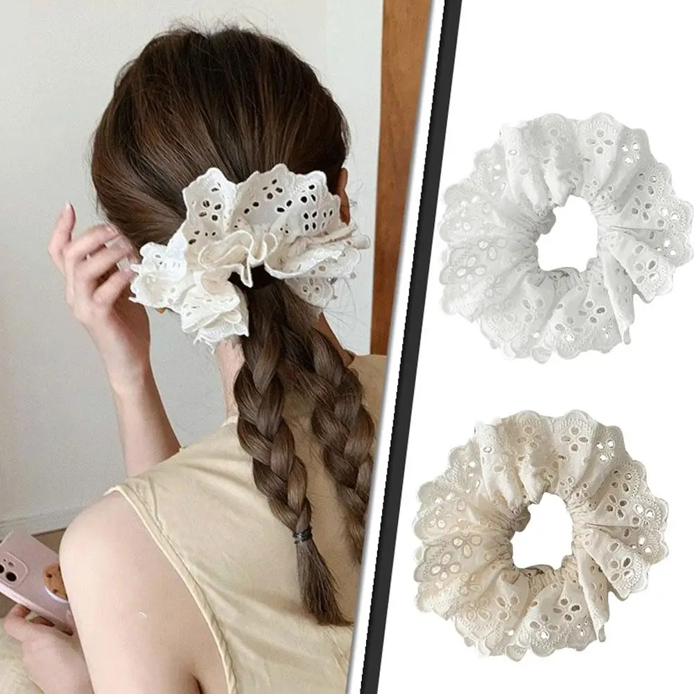 Korean Embroidery Hollowed Lace Ruffled Double-layer Scrunchie For Women Girls Lolita Elegant Ponytail Headwear Hair Access K4p5