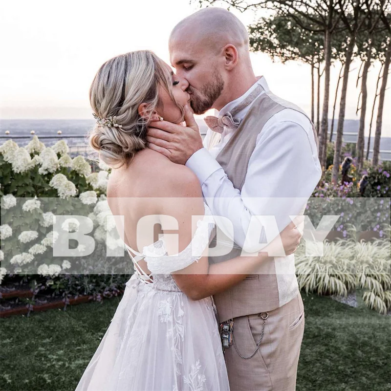 Vestidos de casamento A-Line elegantes para mulheres, branco, costas abertas, laço, querida, fora do ombro, vestido de noiva, trem varredor