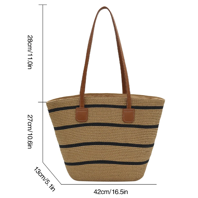 Women Fashion Striped Summer Beach Straw Knitting Shoulder Bag Hollow Out Handwoven Handbags Portable Large Capacity Casual Tote