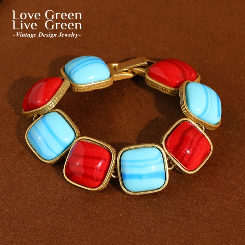 

Vintage Square Red Blue Stones Bracelet Natural Jewelry Trends 2025 Luxury For Women Gifts New Accessories Wedding Decoration