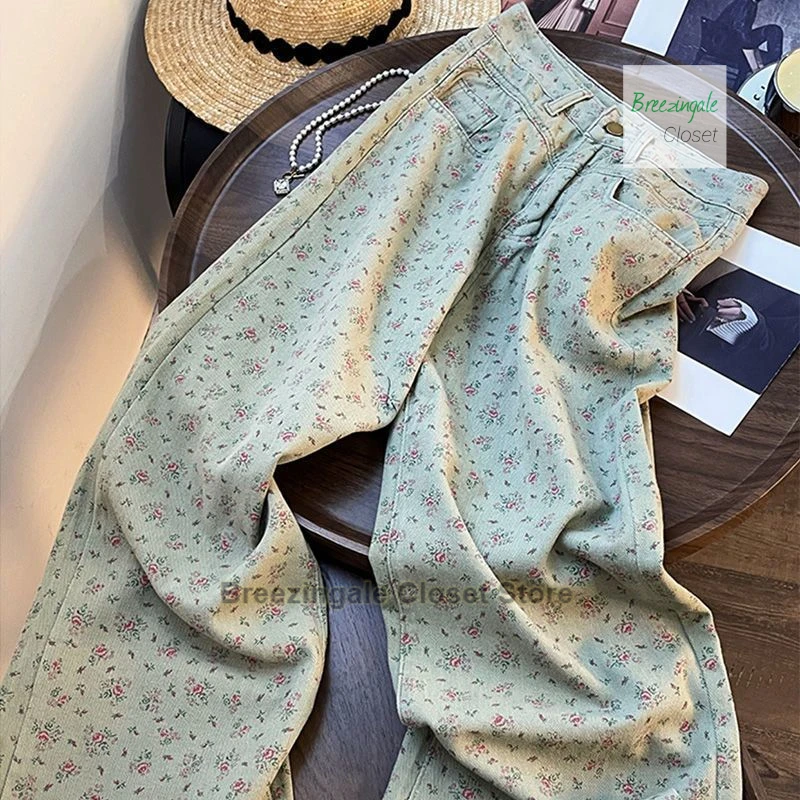 Korean style floral retro straight leg jeans for women's summer new fashion design, niche high waisted casual wide leg pants