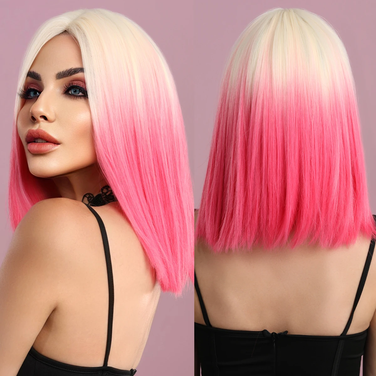 7JHH WIGS Short Straight Bob Wig T Part Pink Lace Front Wig for Women Daily Cosplay Party Heat Resistant Fiber Natural Hair