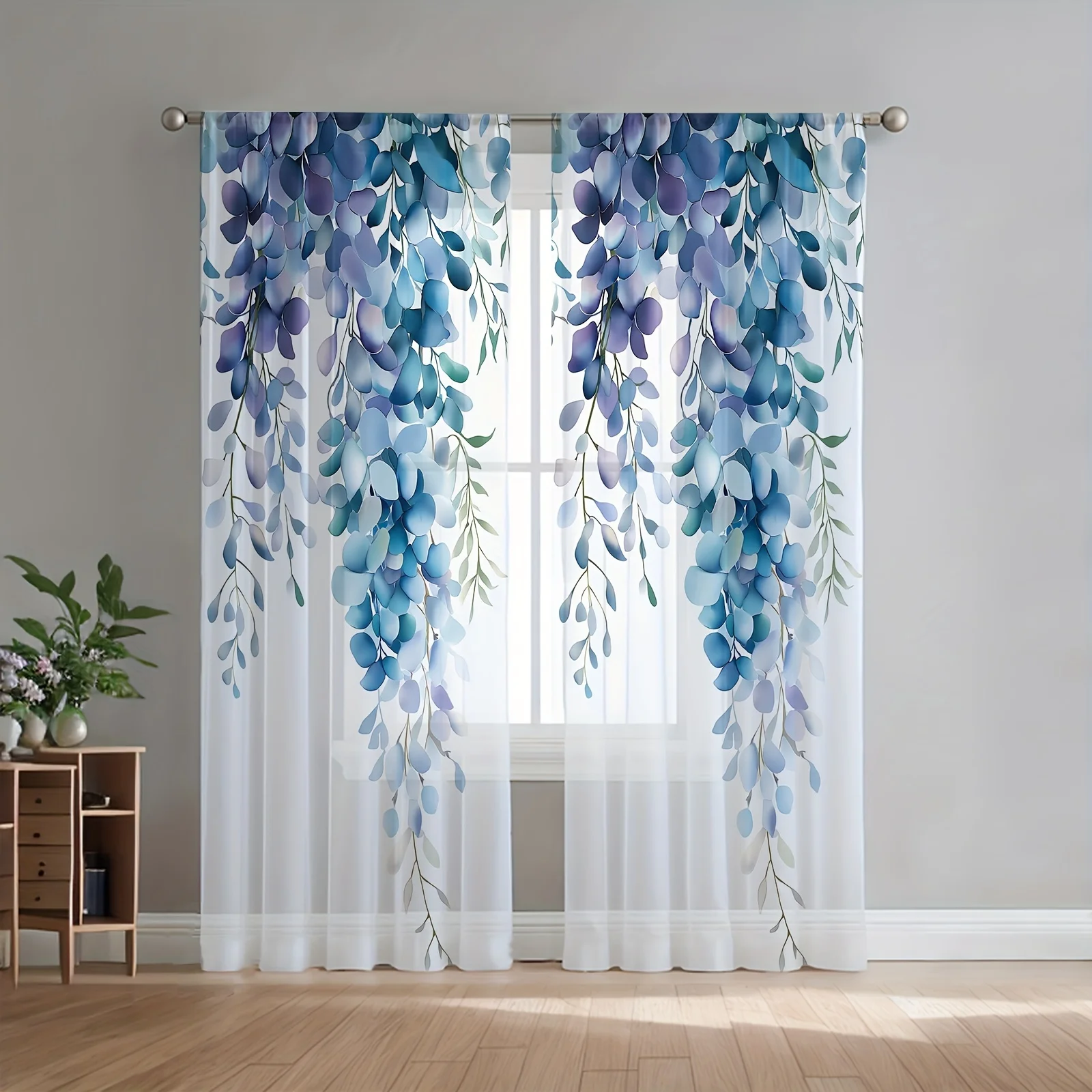 Blue Wisteria Sheer Curtains Polyester Sheer Drapes for Bedroom Living Room Balcony Watercolor Floral Vine Pattern Home Decor