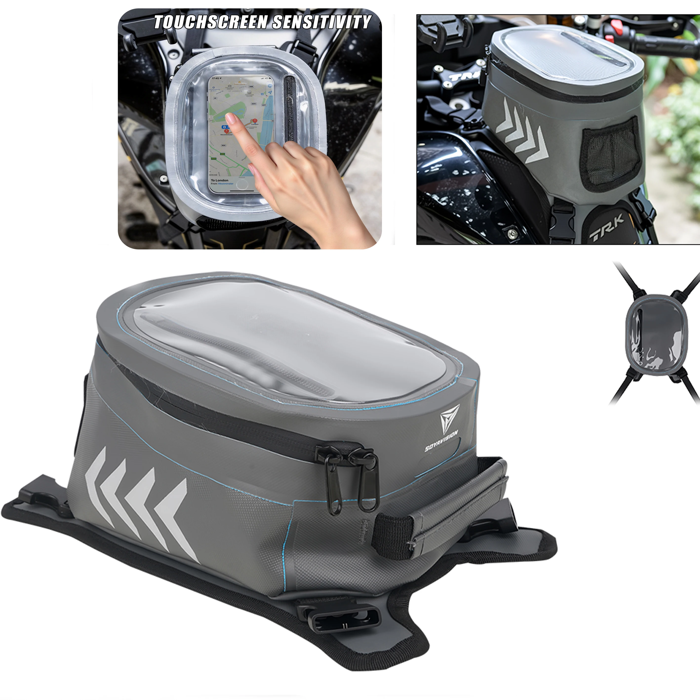 Motorcycle Fuel Tank Bag Touchable Navigation bag Motorbike Dust Bag Quick Release Strap Mount Bag with Reflective Strap