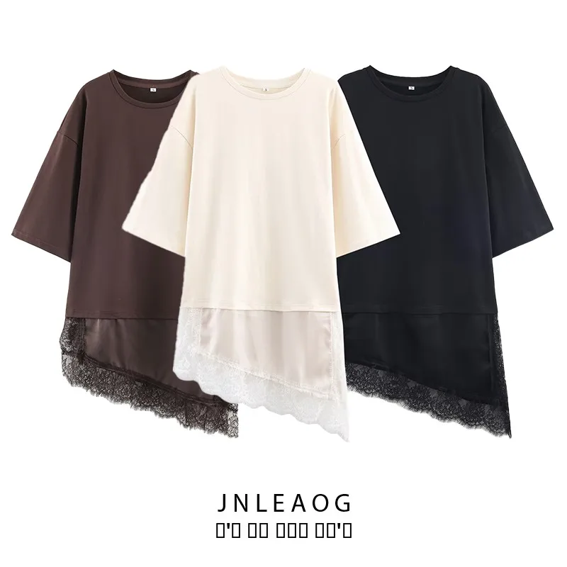 JNLEAOG Faionable Lace Patchwork T-irt Women's Street Sle Asymmetric Design Long Sve round Ne Regular Fit Top