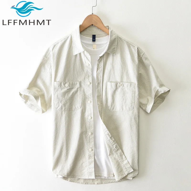 

T235 Мужская полосатая рубашка из 100% хлопка с короткими рукавами, летние новые модные мягкие удобные повседневные топы хорошего качества с двумя карманами