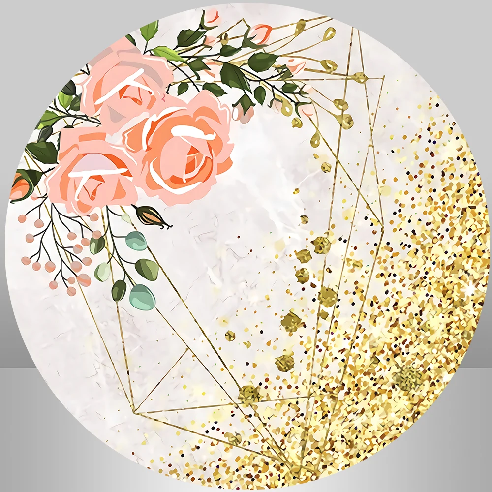 Gold Glitter Birthday Round Backdrop Floral Flower Decor Green Leaves Oh Baby Shower Circle Background Cover Wedding Photocall