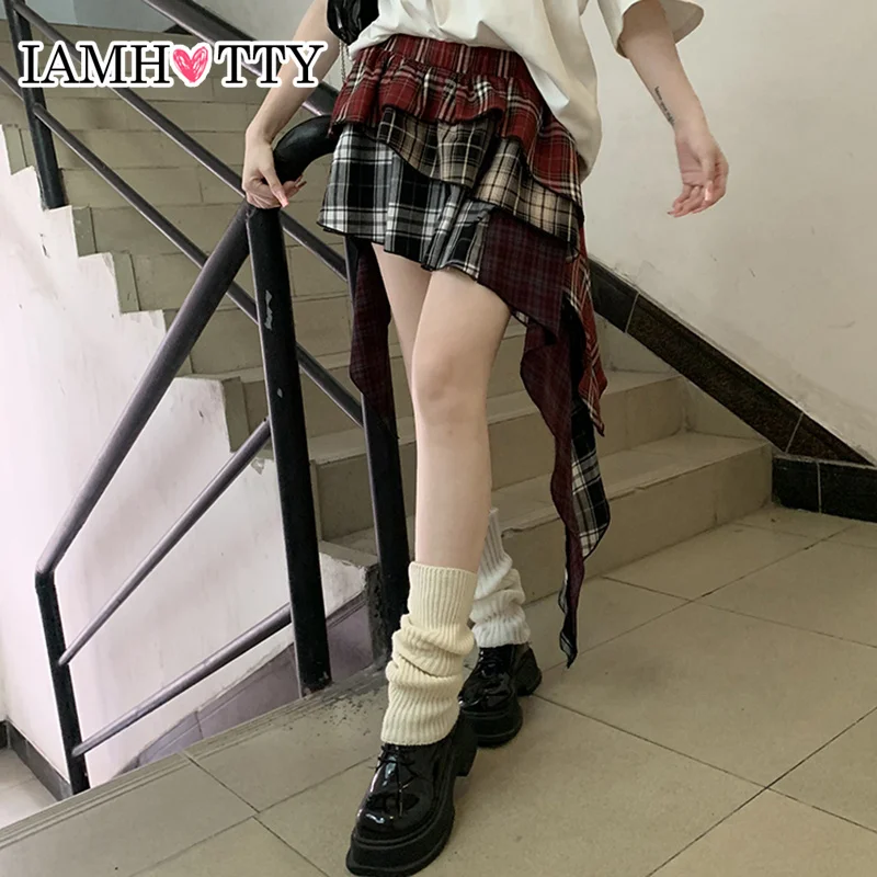 IAMHOTTY Gothic Colorful Plaid Tiered Skirt Preppy A-line Asymmetrical Mini Skirts Y2K Elastic Waist Layered Irregular Skirt