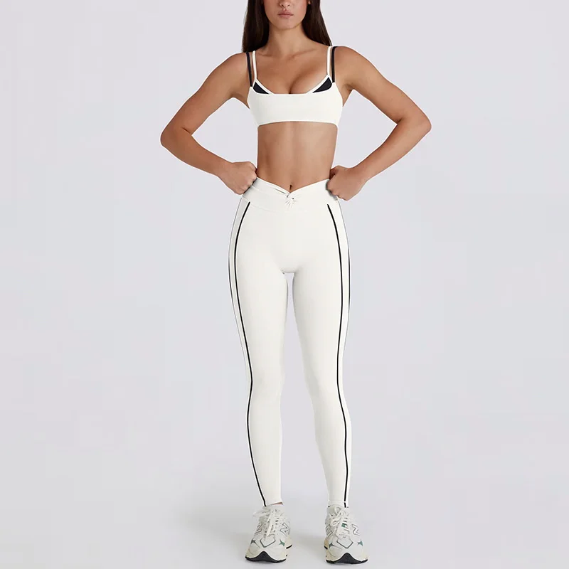 Women's Yoga Suit Fake Two-piece Color-blocking Bra Liftting Hips Twisted Pants Leggings Comfortable Breathable Sportswear Set