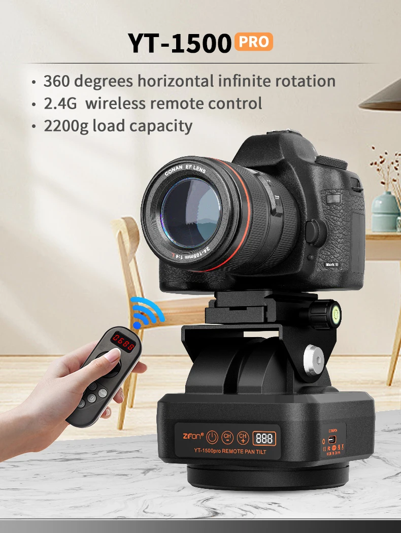 YT1500 Pro Auto Motorized Rotating Panoramic Head Remote Control AI Intelligent Follow Live Function Camera Phone Video Tripod