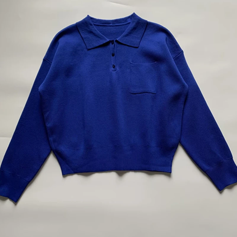 Dave&Di 2025 Spring Minimalist Polo Collar Pocket Klein Blue Loose T-shirt Knitted Pullover Women Top Sweater