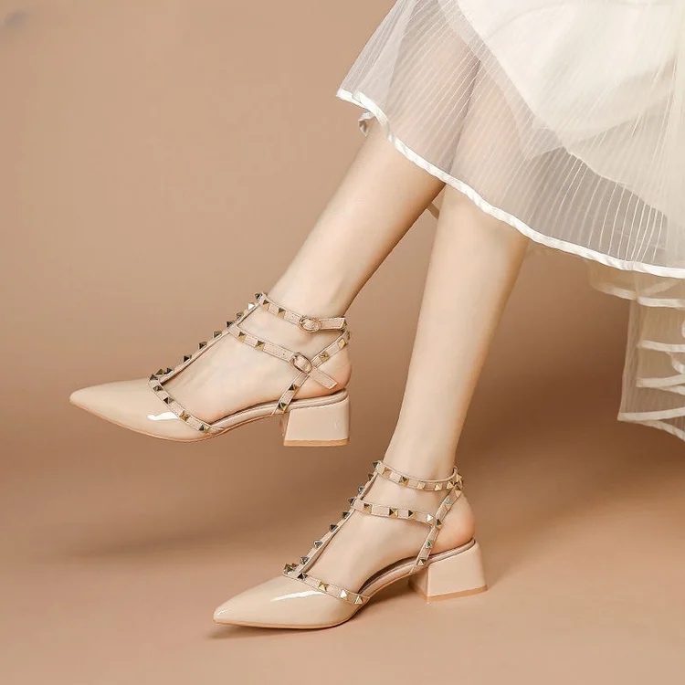 2024 Summer High Heels Women\'s Sandals Fashion Brand Design Pointed Head Rivet Head Square Heel One Line Buckle Sandals