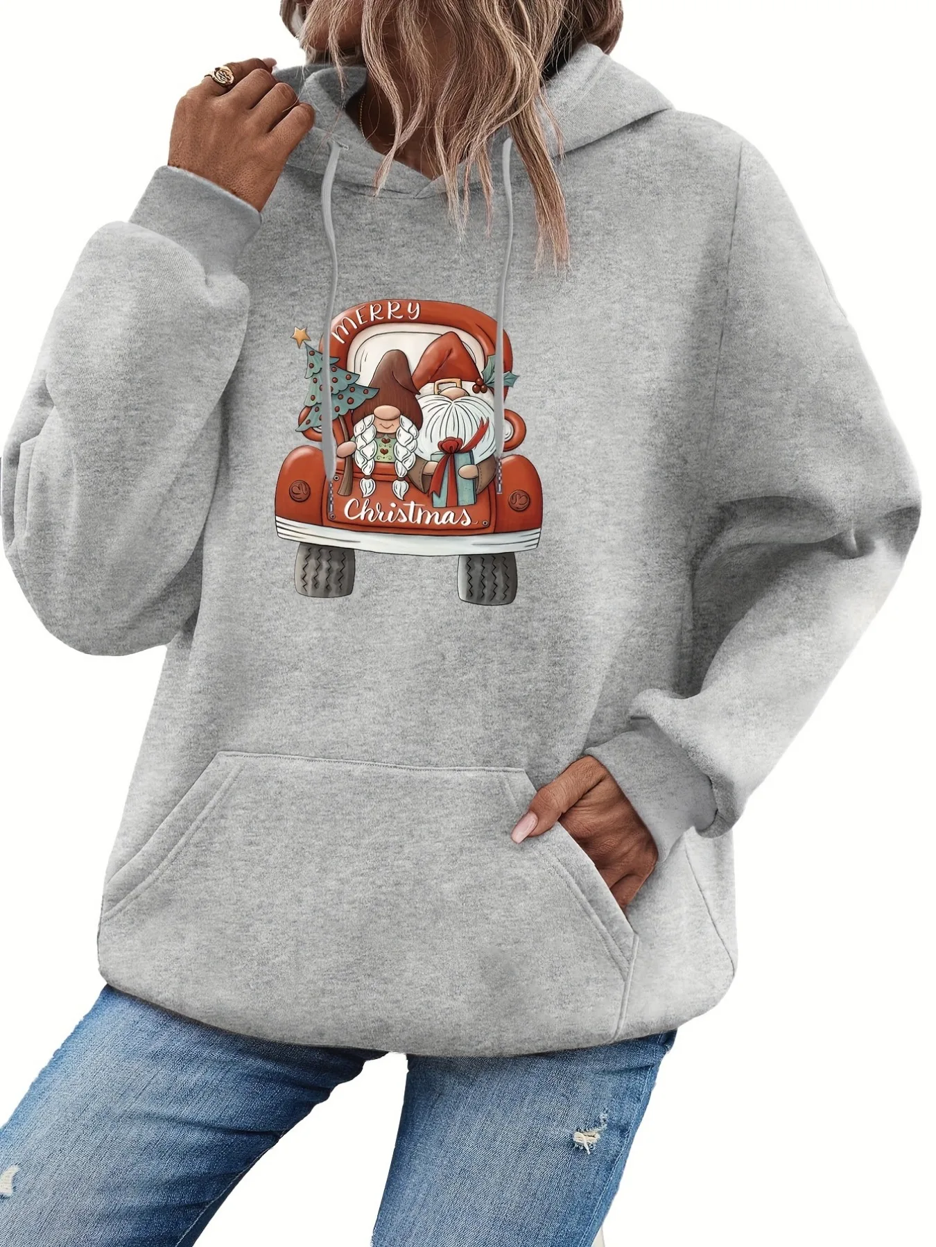 Christmas Printed Drawstring Hoodie, Casual Long Sleeve Kangaroo Pocket Hoodie Sweatshirt for men and women