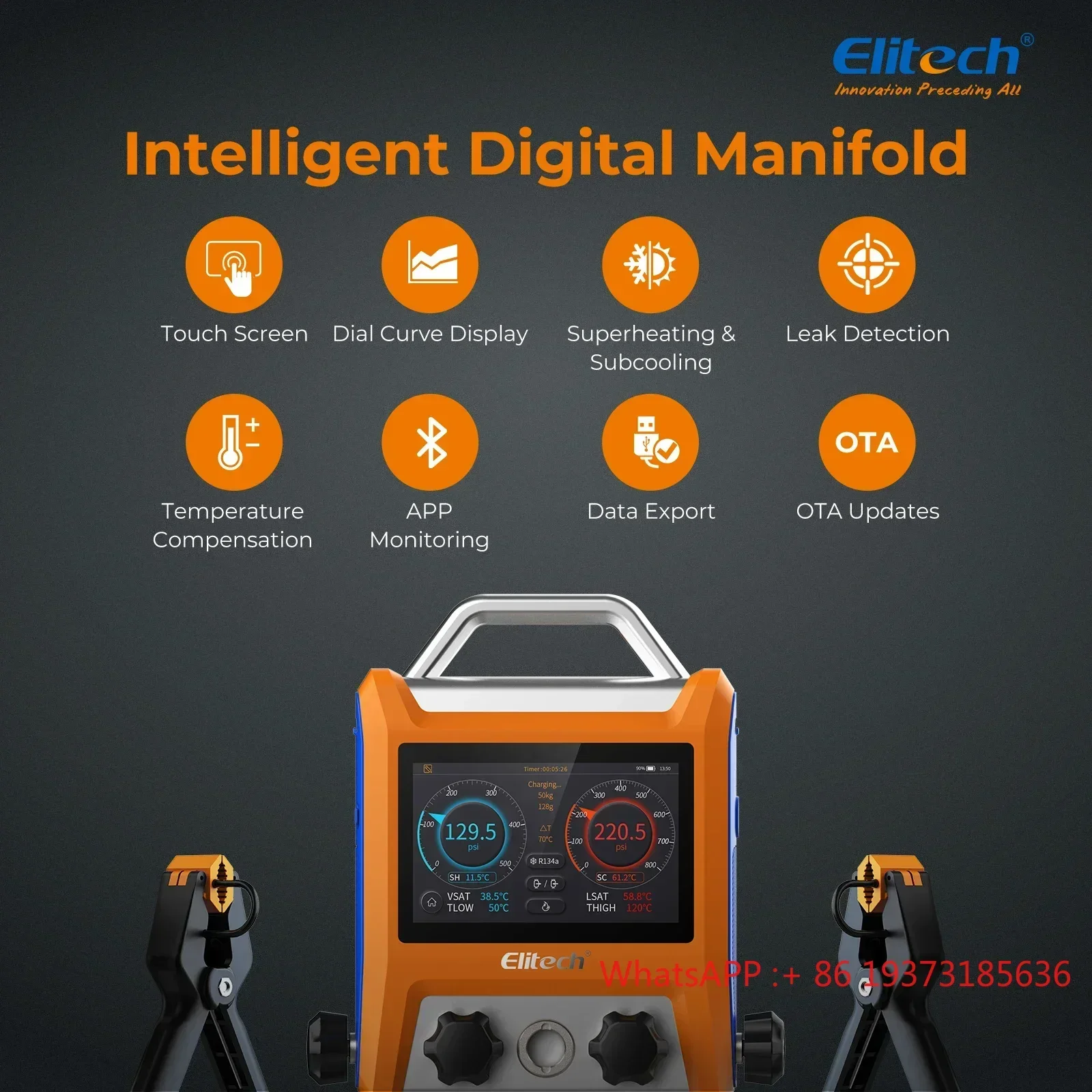 Elitech EMG-40V Intelligent 4 Valves Digital Manifold Kit with 5” Smart Touch Screen HVAC Gauge with Bluetooth