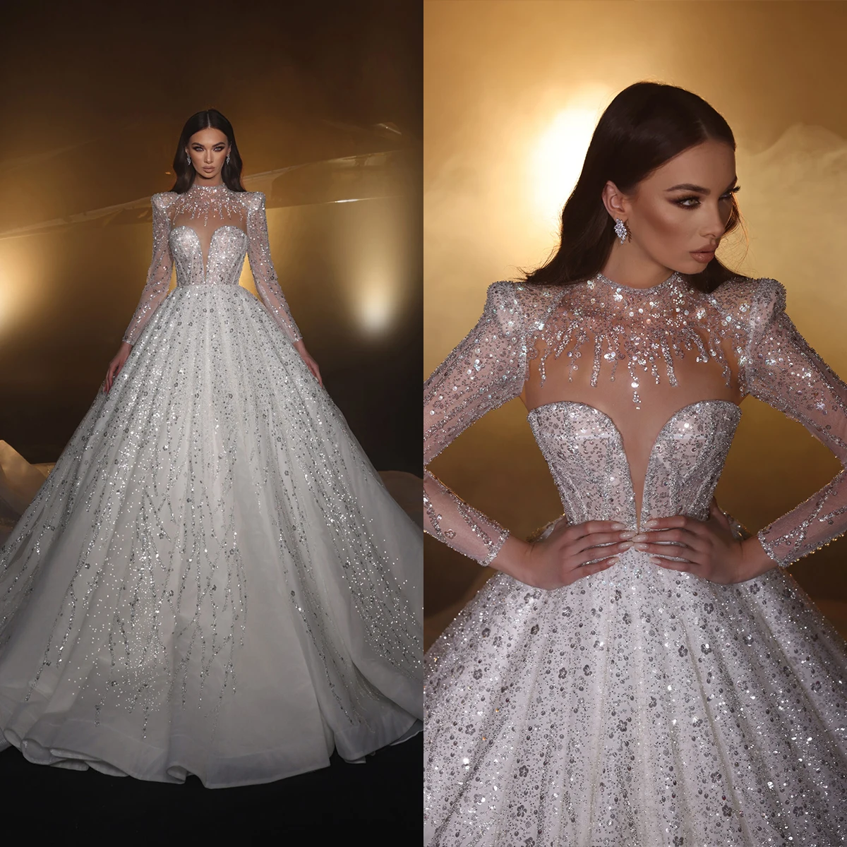 

Exquisite A Line Wedding Dresses Long Sleeves Sheer Jewel Neck Sequins Appliques Beaded Bridal Gowns Backless Plus Size Birde