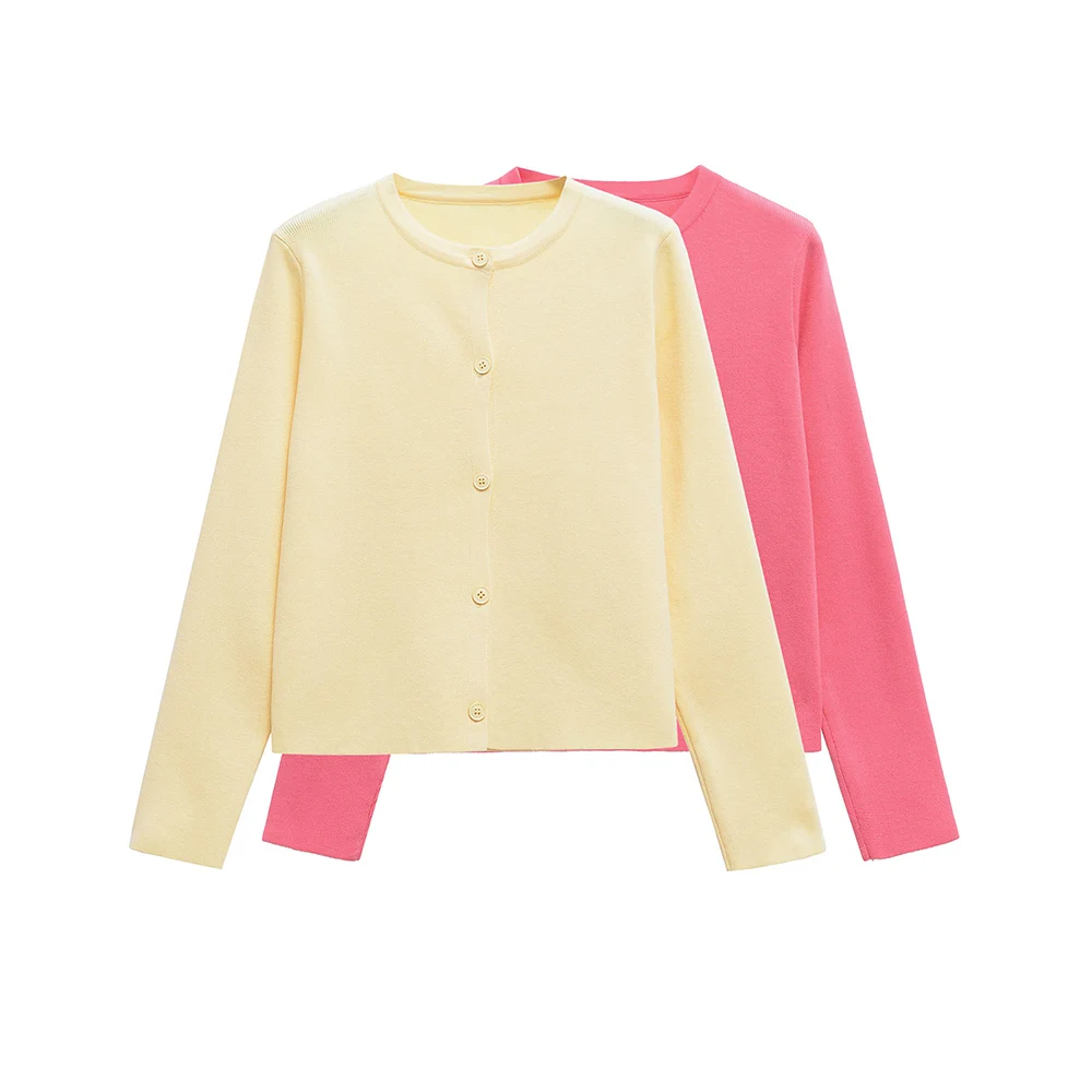 

2025 New Women's Solid Color Versatile Single breasted Long Sleeve Round Neck Flat Needle Knitted Jacket for Women
