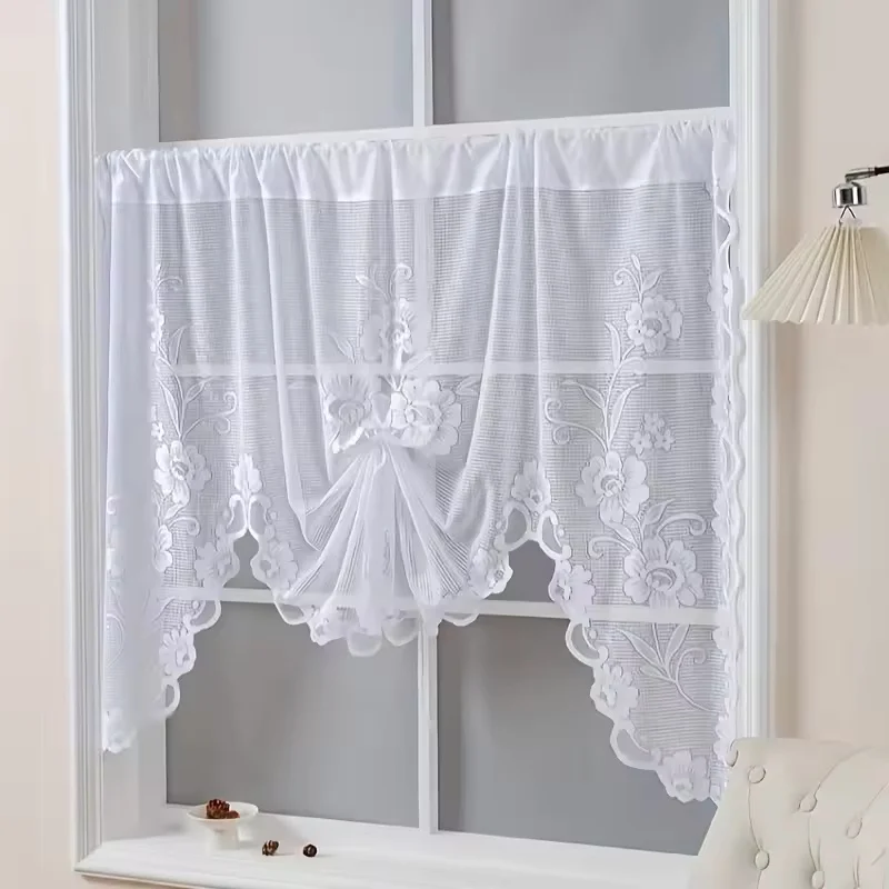 1 Stück Weißer Spitzen-Vorhang mit Blumenstickerei für Erkerfenster. Transparent, aber nicht durchsichtig, Schlafzimmer, Küche, dekorative Vorhänge ﻿