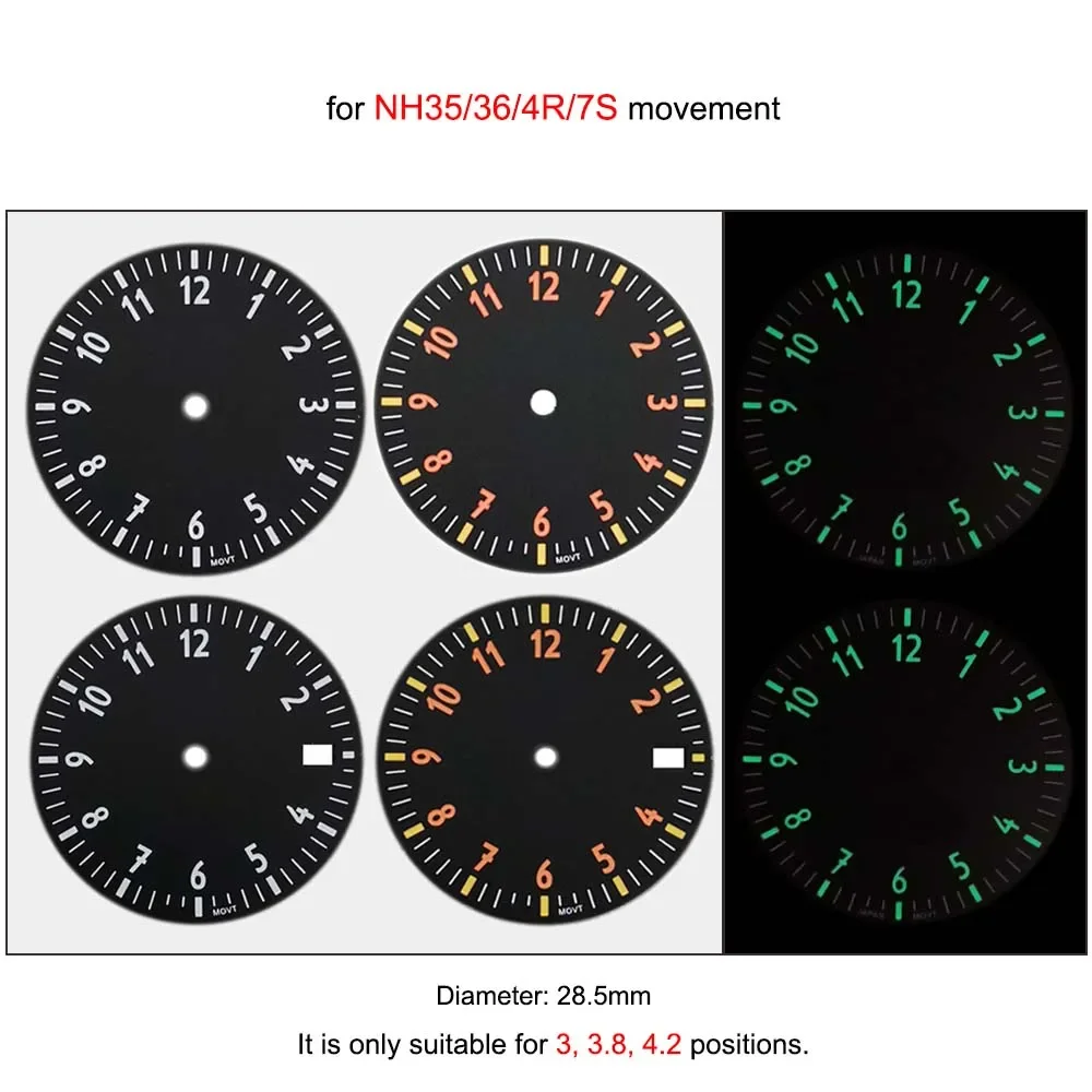 Esfera de reloj de 28,5mm, esfera de reloj verde luminosa negra blanca/naranja con/sin calendario, esfera de repuesto para NH35/NH36/4R/7S