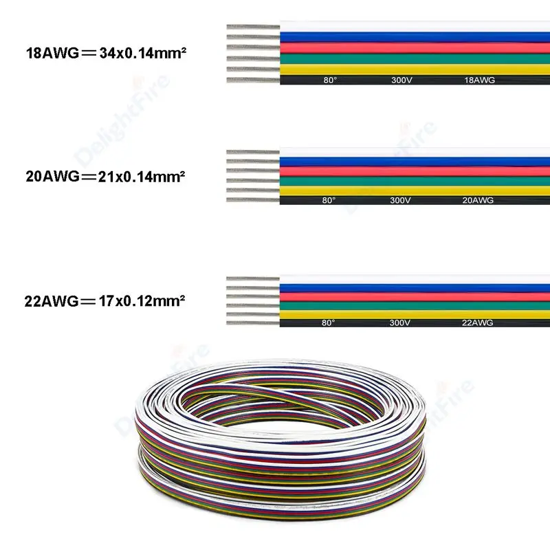 6pins LED Strip Connector Cables LED Wire 6 Cores Electrical Flat Wire For RGBWW COB RGBCCT LED Strips Light Bar JST Connector