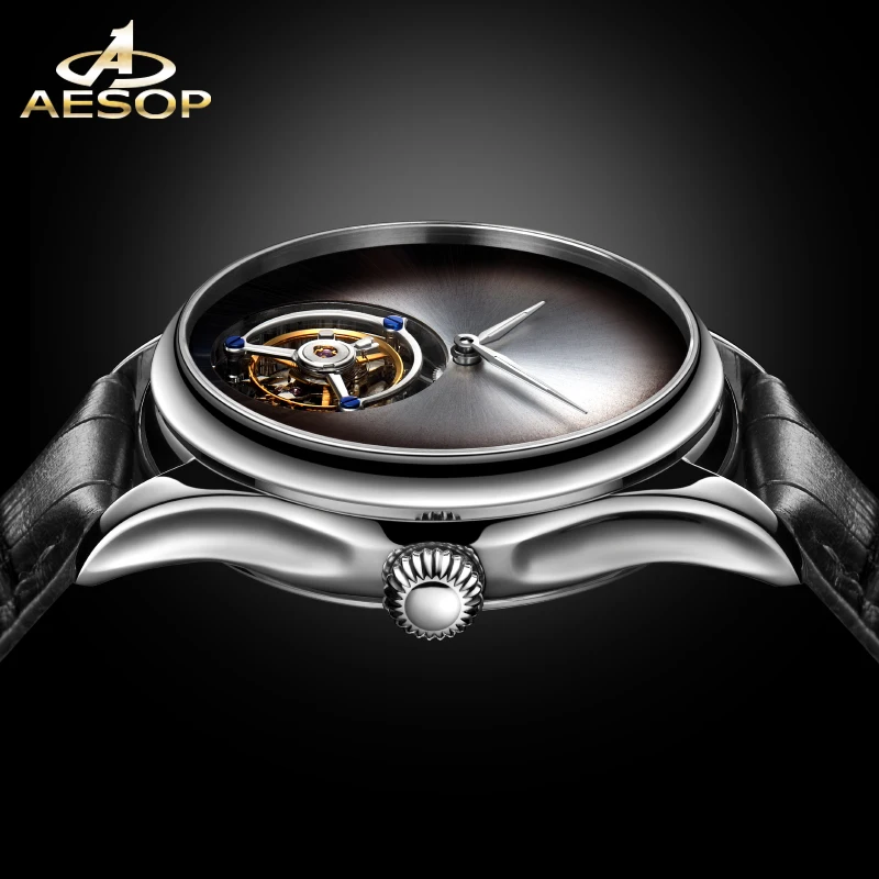 AESOP Tourbillon Mechanical Men\'s Watch Simple Advanced Leisure Business Waterproof with Double sided Gemstone Glass Watch