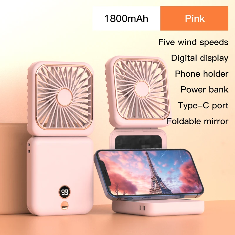 3-in-1 Mini Portable Fan Hanging Neck Fan Handheld Fan & Foldable Mirror with Power Bank, Compact & Portable for Summer Sports