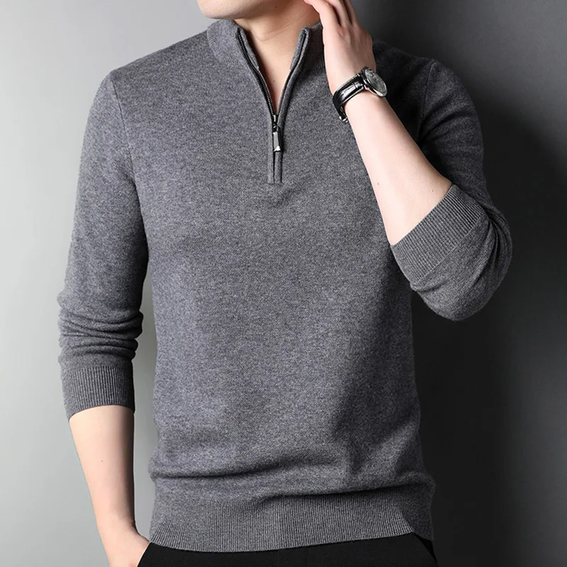 Winter Autumn Men's Sweater Thick Knit Pullover Mock Neck Zipper Collar Long Sleeves  Solid Color Sweater Coat Warm Clothes