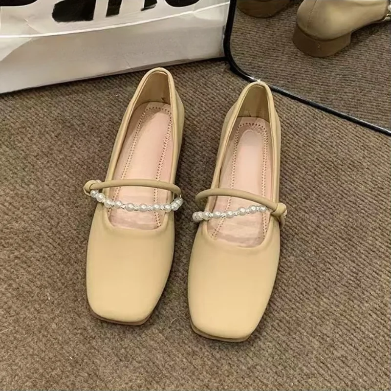 

Gentle Style Square Toe Pearl Mary Jane Shoes, French Chunky Heel Shallow Mouth Versatile Office Pumps for Women