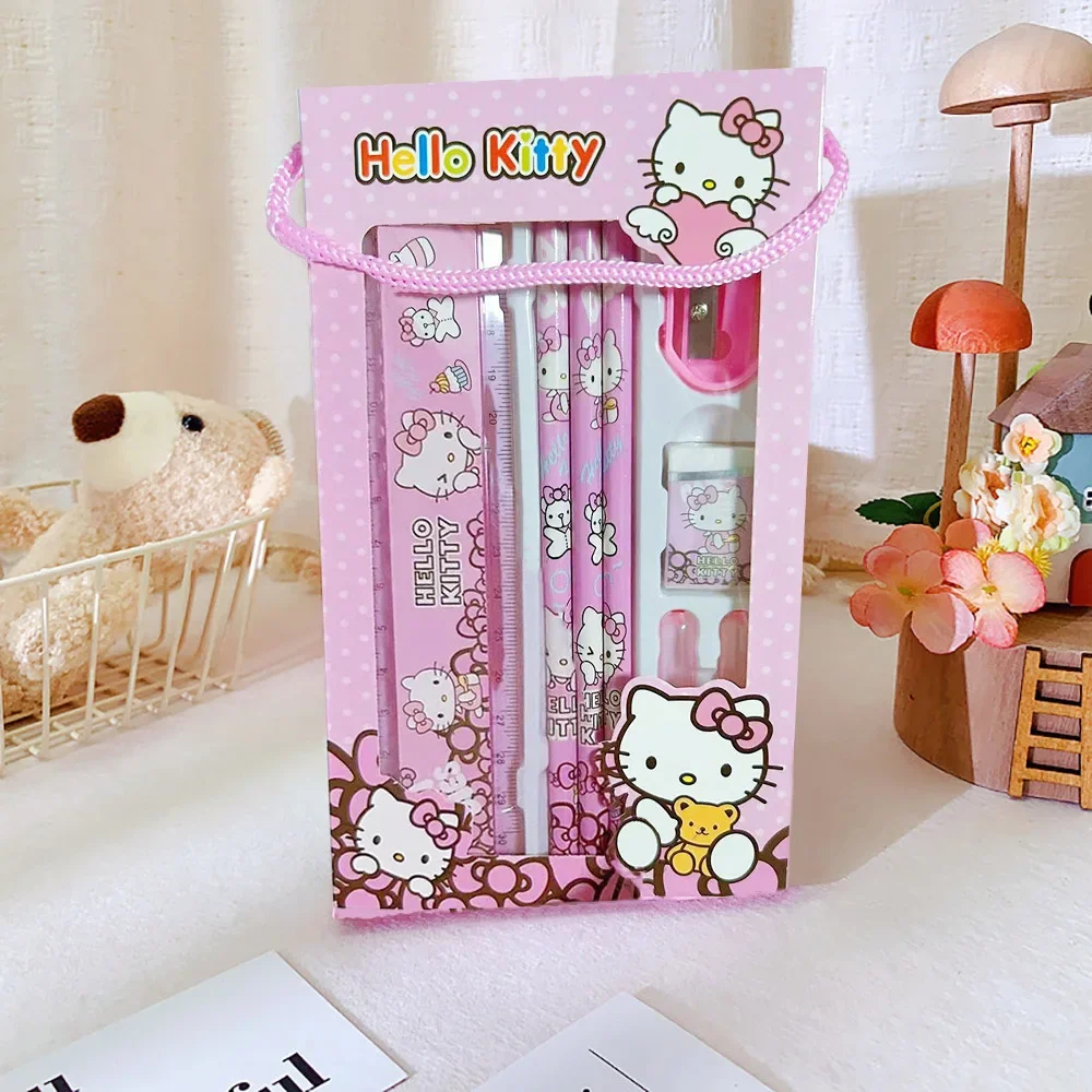 Cartoon Sanrio Hellokitty Cinnamoroll Melody Kuromi Stationery Set Pencils Erasers Rulers School Supplies Study Stationery Gifts