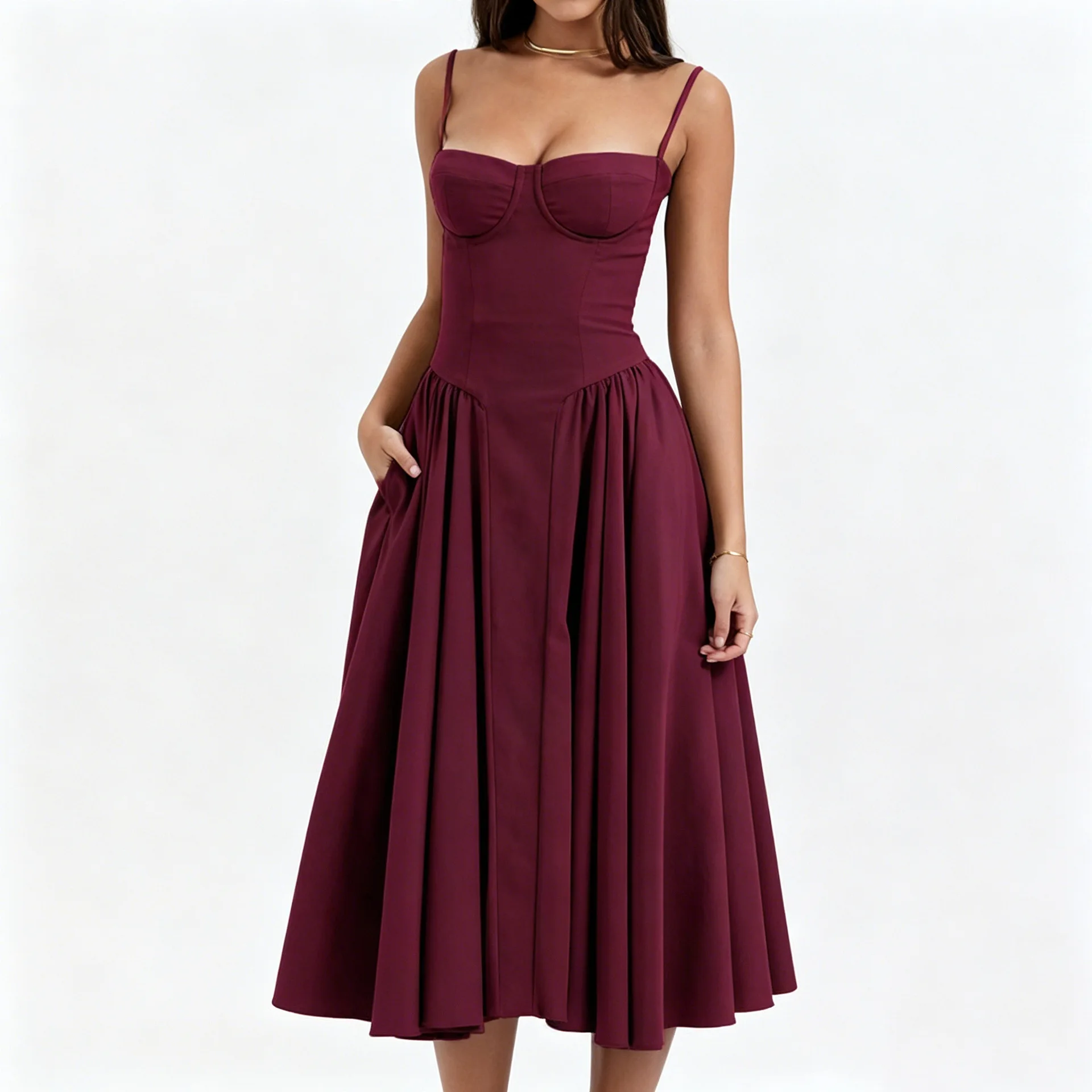 Spaghetti-Träger-Midikleid mit Herzausschnitt und Taschen, eleganter A-Linien-Schwingrock, formelles Abendkleid für Damen – Detail 2