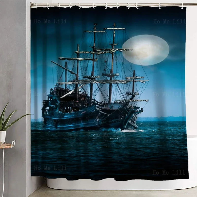 Pirate Ship Moon Blue Black Sea Sailboat Vintage Old World Sailing Map Shower Curtain By Ho Me Lili Bathroom Bathtub Decor