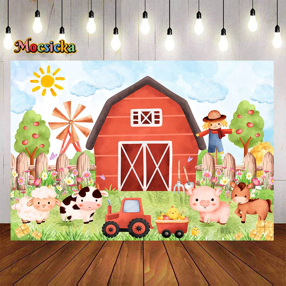 Rode Boerderij Schuur Achtergrond voor Kid Verjaardagsfeestje Decor Tractor Gras Dier Achtergrond Fotografie Baby Show Cake Smash Studio Prop