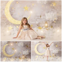 Golden Flash Crescent Moon Photo Background Old Wall Cotton Cloud Photo Studio Props Birthday Cake Smash Photography Backdrop