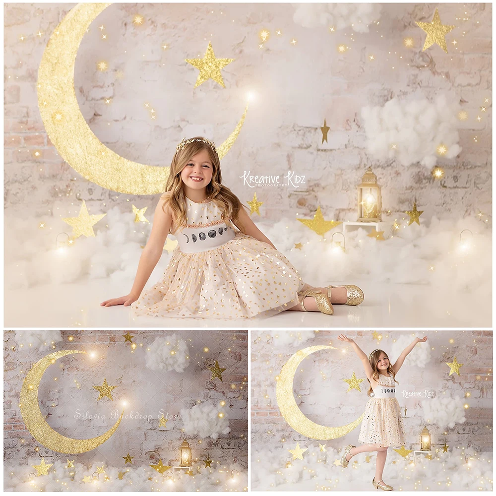 Golden Flash Crescent Moon Photo Background Old Wall Cotton Cloud Photo Studio Props Birthday Cake Smash Photography Backdrop