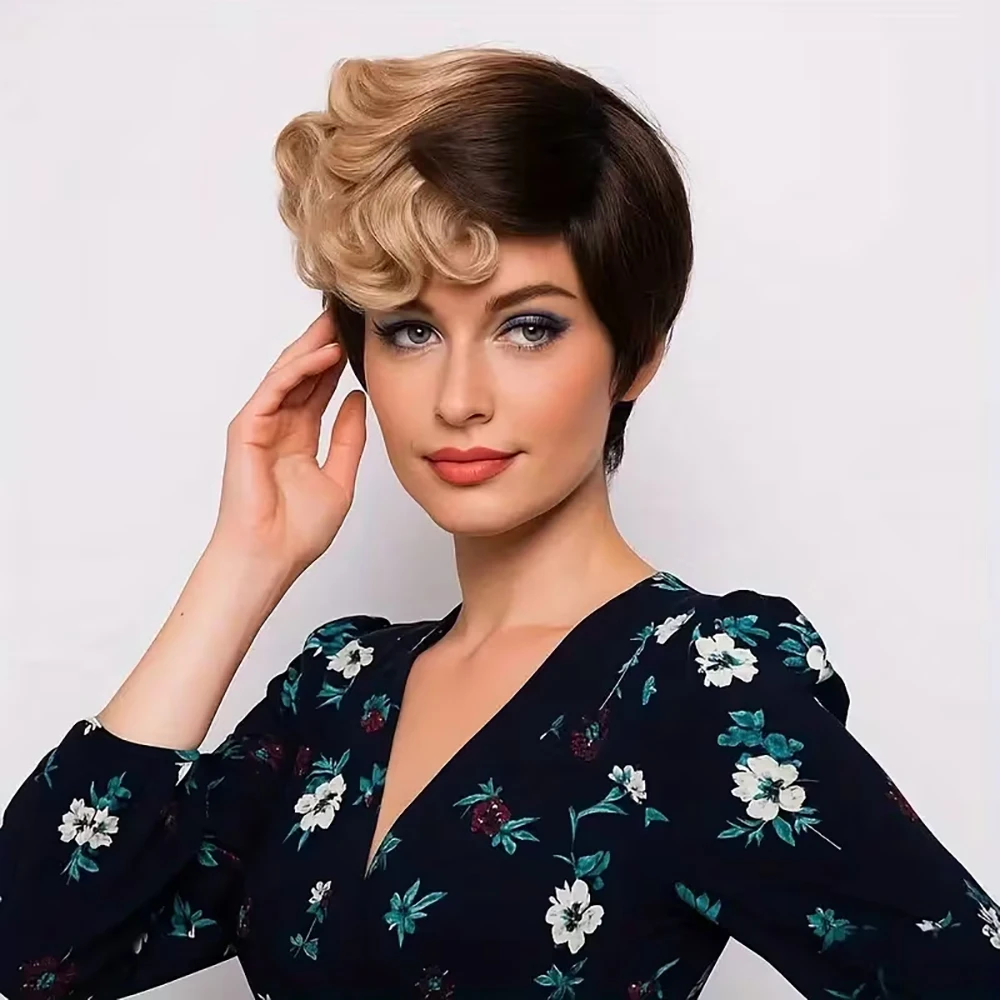 شقراء براون أومبير قصيرة عابث قطع الباروكات شعر الإنسان مجعد الباروكات مع الانفجارات قبل قطعها للنساء الشعر البرازيلي آلة صنع قبعة