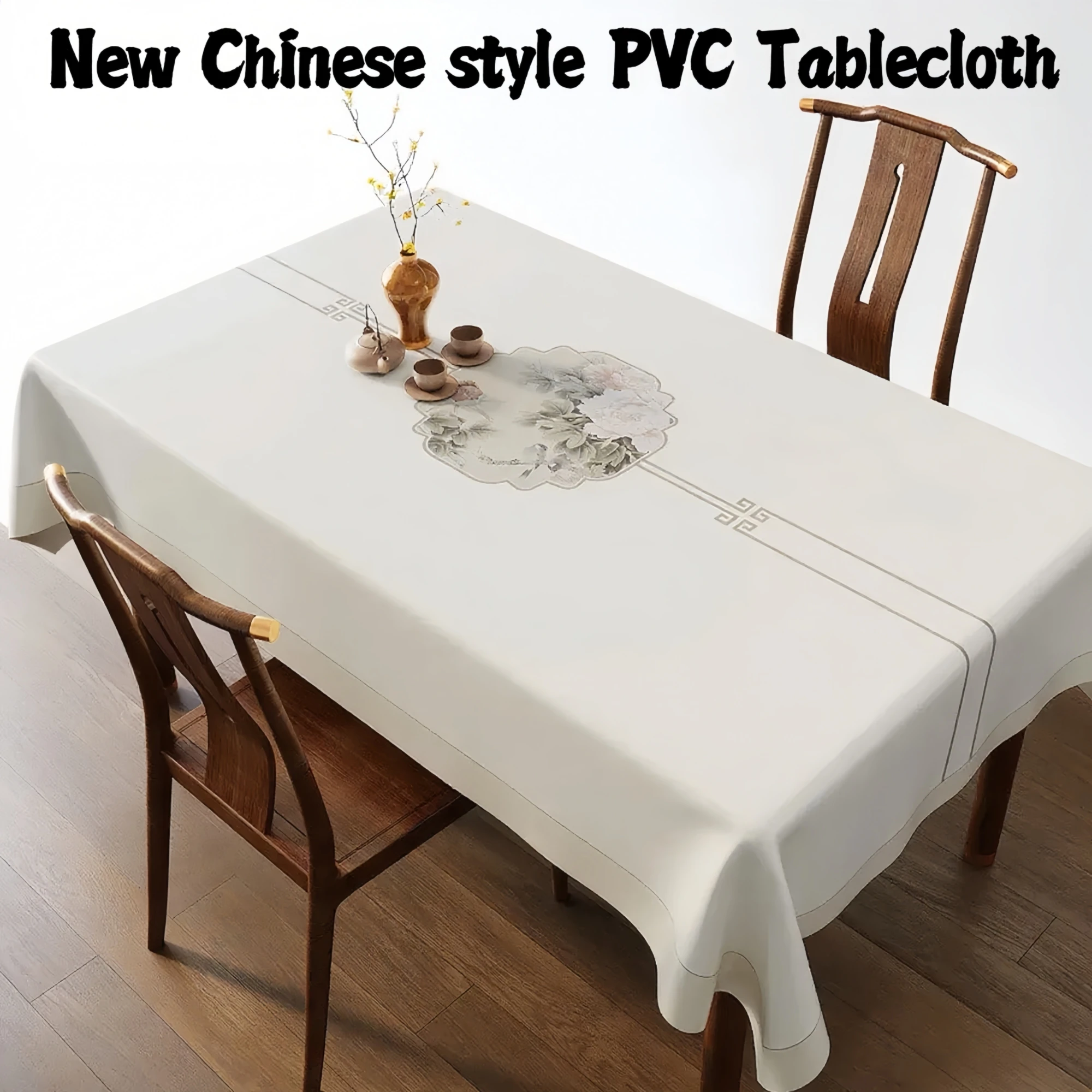 

PVC New Chinese style Tablecloth,Waterproof Oil Proof Wash-Free Dining Table Cover for Kitchen, Luxury High-End Home Decor